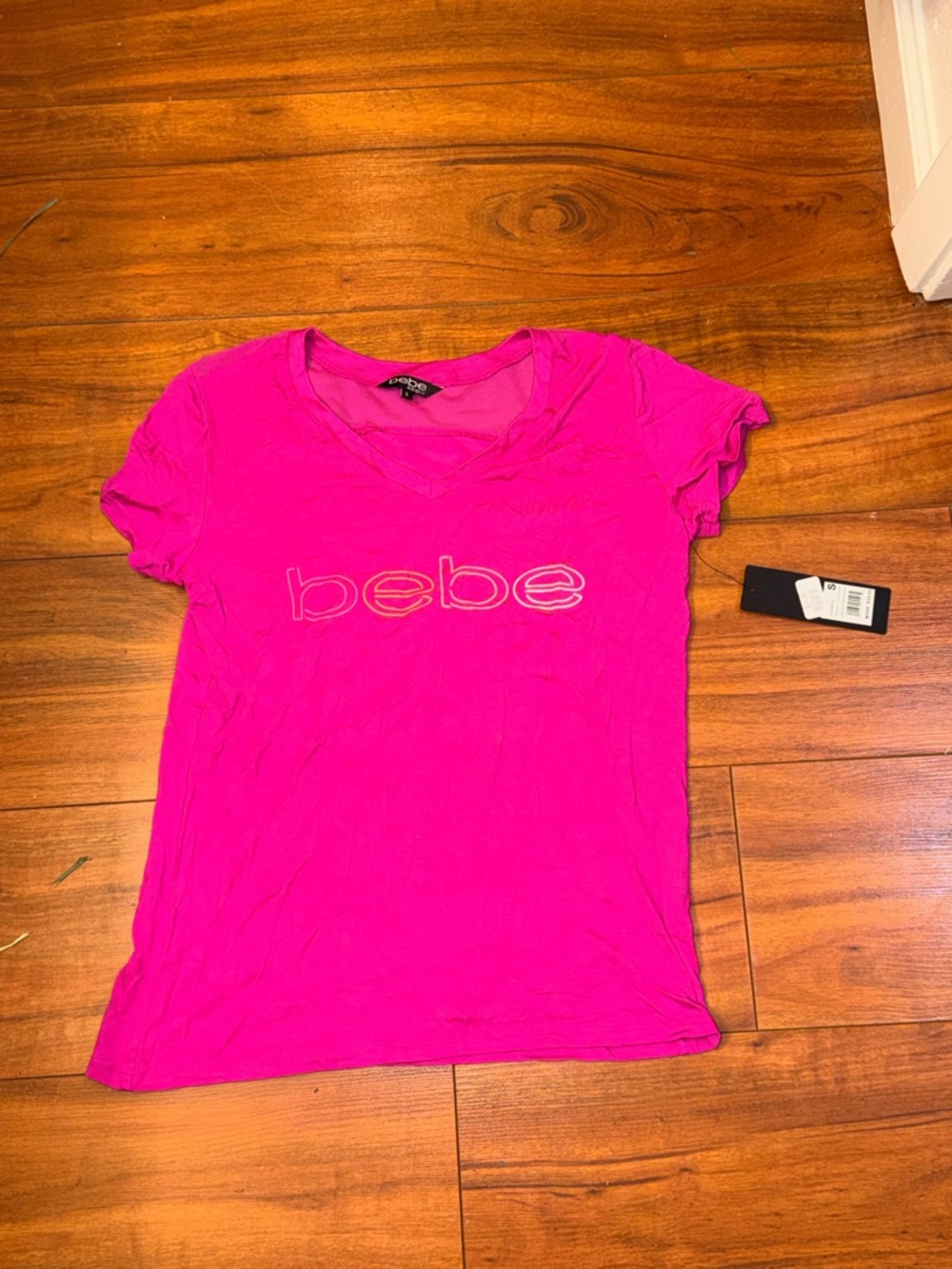 bebe Sport Neon Pink Logo V-Neck Tee